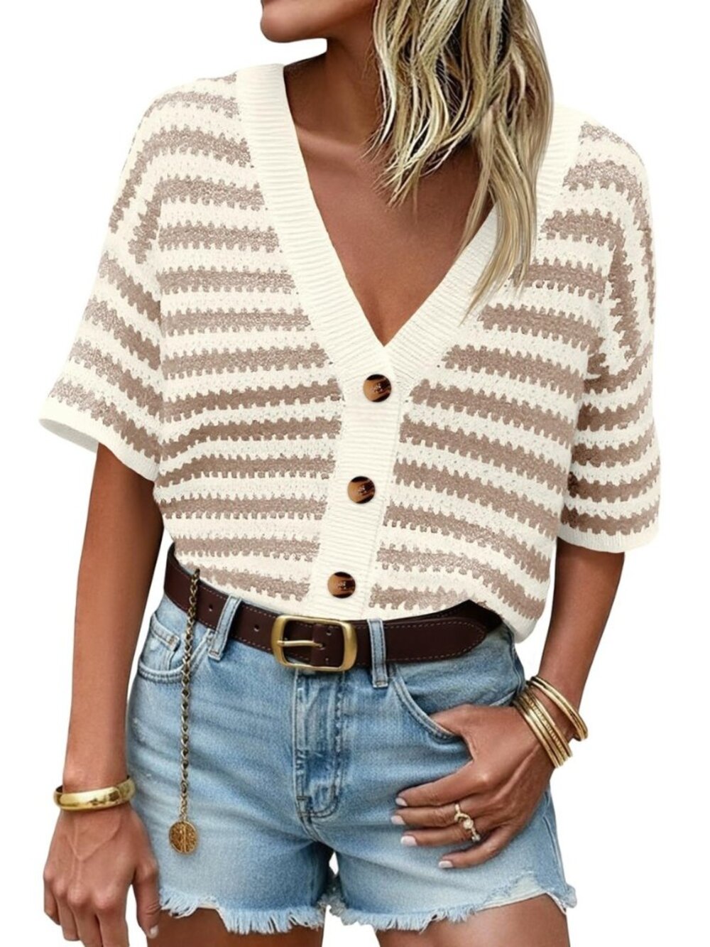 Womens Striped Short Sleeve Cardigan Button Up Crochet Sweater